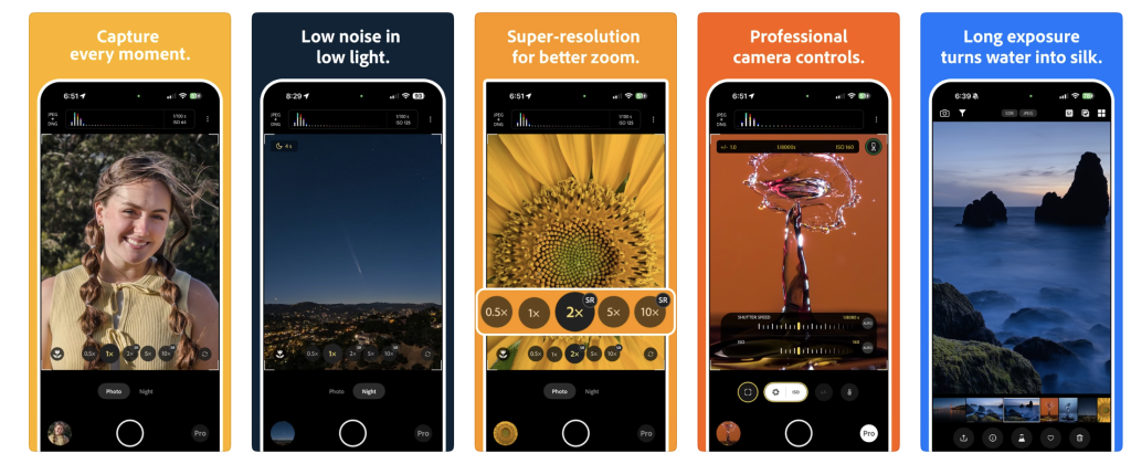 Adobe Project Indigo app screenshots showing low-light capture, super-resolution zoom, professional manual camera controls and long-exposure photography on iPhone.