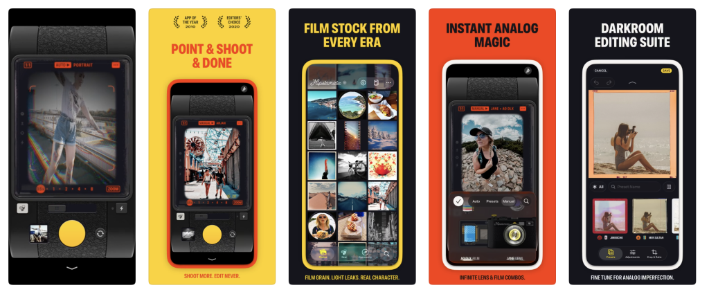 Hipstamatic app screenshots showing its analogue-style camera interface, point-and-shoot workflow, film stocks from different eras, interchangeable lens and film combinations, and built-in darkroom editing tools.