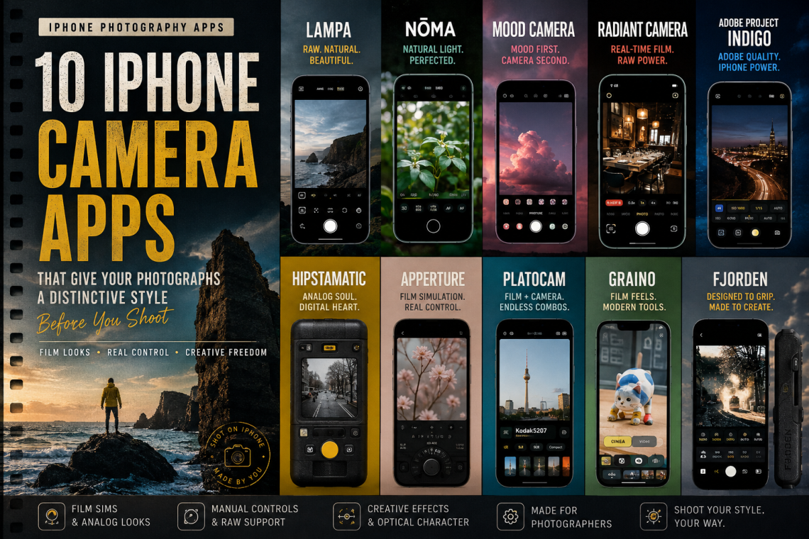 10 iPhone camera apps for distinctive photo styles, including Lampa, Nōma, mood.camera, Radiant Camera, Adobe Project Indigo, Hipstamatic, Apperture, PlatoCam, Graino and Fjorden Camera.