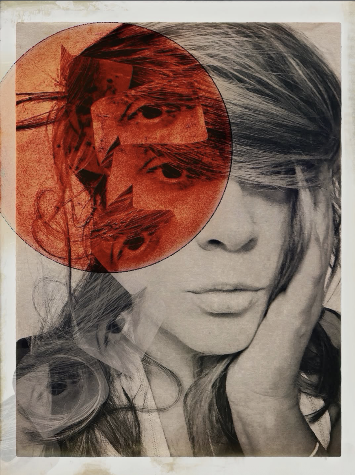 Experimental black-and-white self-portrait of a woman resting her face against her hand, overlaid with fragmented facial features, translucent layers and a large red circular form.
