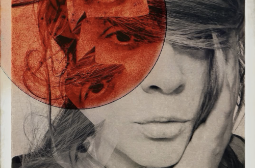 Experimental black-and-white self-portrait of a woman resting her face against her hand, overlaid with fragmented facial features, translucent layers and a large red circular form.