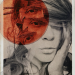 Experimental black-and-white self-portrait of a woman resting her face against her hand, overlaid with fragmented facial features, translucent layers and a large red circular form.
