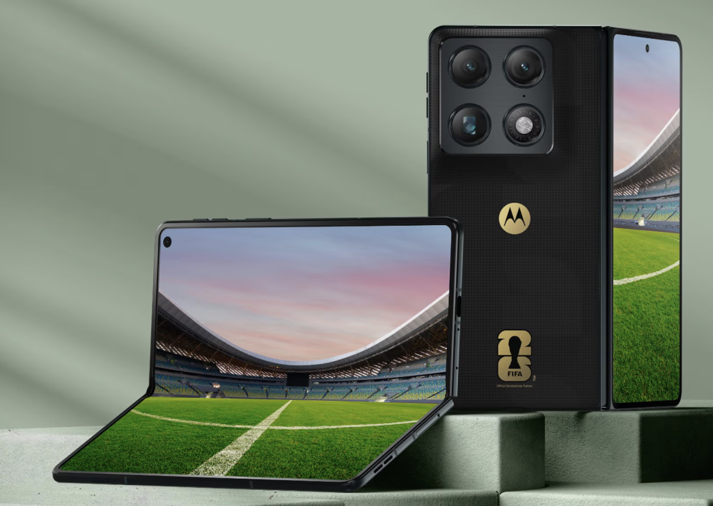 Motorola Razr Fold FIFA edition shown open, partially folded and closed with its large camera module visible.