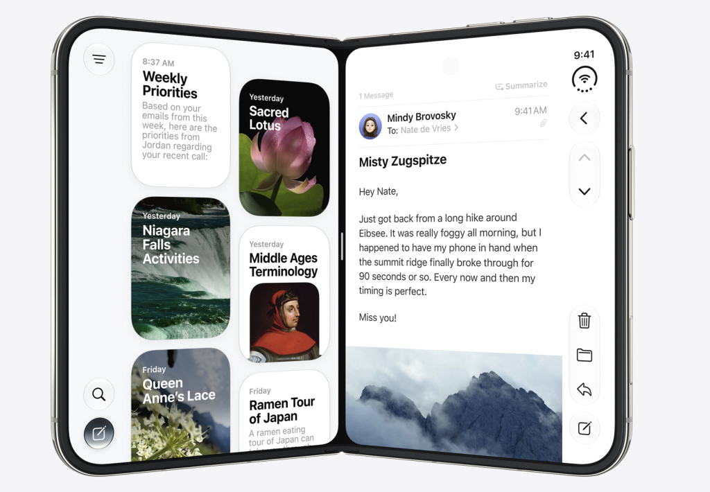 Apple iPhone Duo unfolded with its large internal display showing email, photographs and information panels side by side.