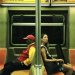 Street photograph inside a New York City subway carriage showing two passengers seated back-to-back on opposite sides of a central metal pole. Strong red, yellow, orange and green tones, geometric seating and the symmetrical composition create a striking visual contrast.