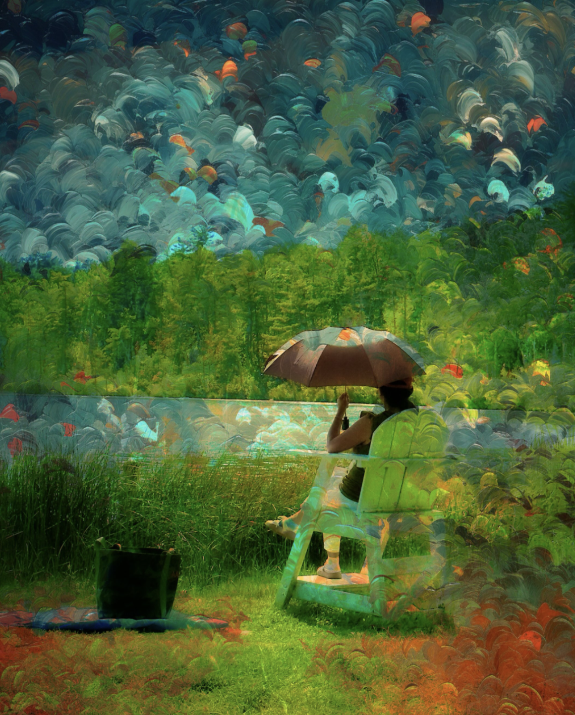 Surreal, painterly mobile artwork showing a solitary figure seated on a pale green bench beside a lake, sheltering beneath an umbrella. Luminous green woodland stretches across the water while sweeping teal, turquoise, orange and cream textures transform the sky and landscape into an expressive, dreamlike scene.