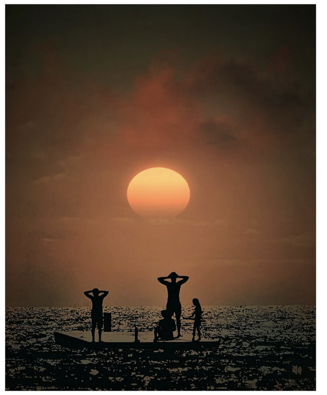 Silhouetted figures stand on a small boat beneath an enormous glowing orange sun at sunset. The dark, shimmering water and hazy burnt-orange sky create a dramatic contrast, while two figures hold their hands to their heads as they look towards the horizon.