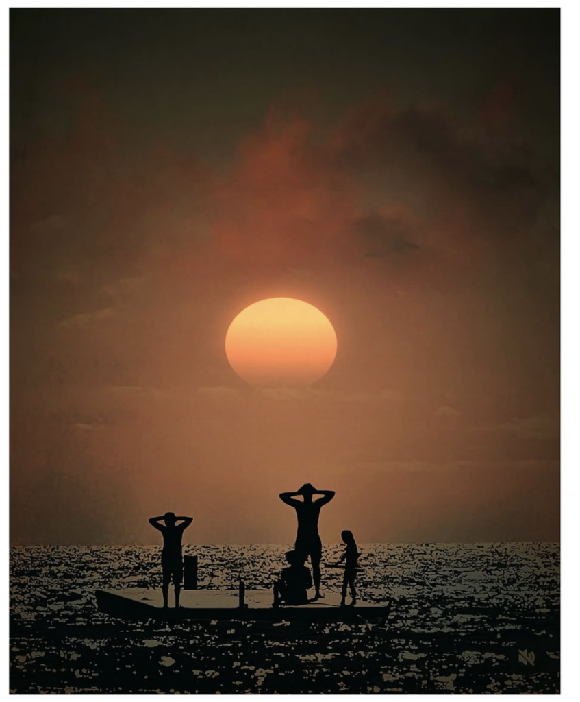 Silhouetted figures stand on a small boat beneath an enormous glowing orange sun at sunset. The dark, shimmering water and hazy burnt-orange sky create a dramatic contrast, while two figures hold their hands to their heads as they look towards the horizon.