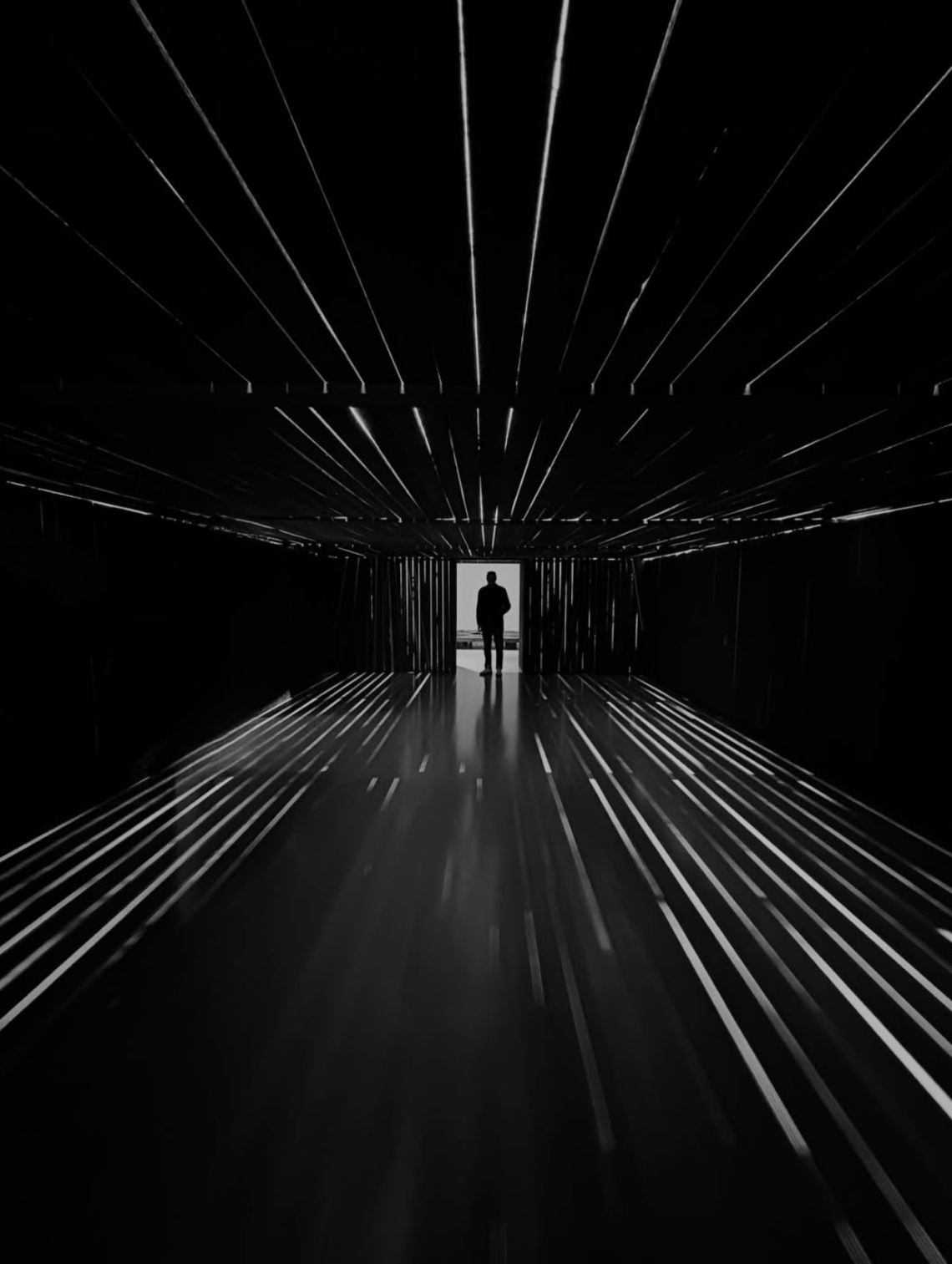 Black-and-white photograph of a solitary silhouetted figure standing at the illuminated end of a dark architectural passage, with dramatic parallel lines of light converging towards the figure and reflecting across the floor.