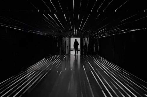 Black-and-white photograph of a solitary silhouetted figure standing at the illuminated end of a dark architectural passage, with dramatic parallel lines of light converging towards the figure and reflecting across the floor.