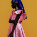 Portrait of a young girl in profile against a vibrant golden-yellow background, wearing a shimmering pink dress with sculptural ruffled sleeves, a richly patterned royal-blue headscarf, large silver earrings and a pearl necklace. Her arms are gently crossed, and her gaze is directed to the left, creating a striking composition of bold colours, contrasting textures and quiet elegance.
