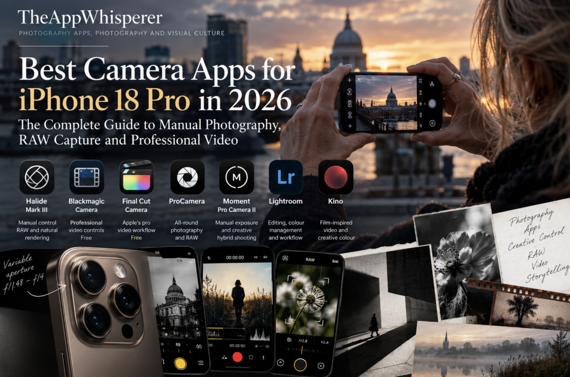 Editorial collage showing iPhone photography, camera app interfaces, RAW capture and professional video