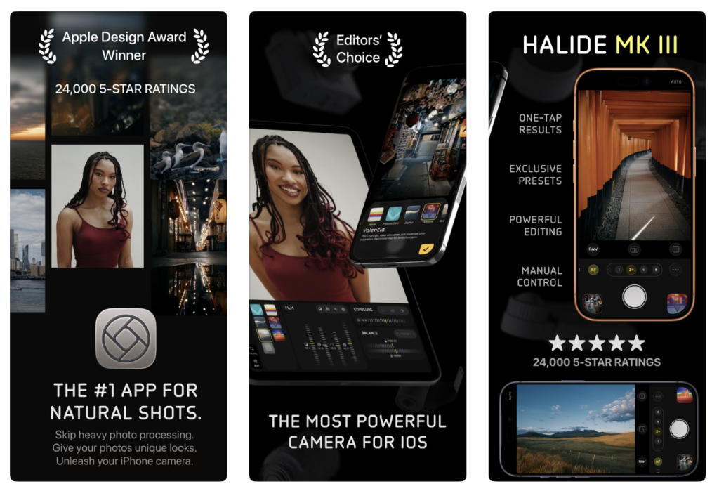 Halide Mark III camera app promotional screenshots showing natural image rendering, photographic looks and manual camera controls.