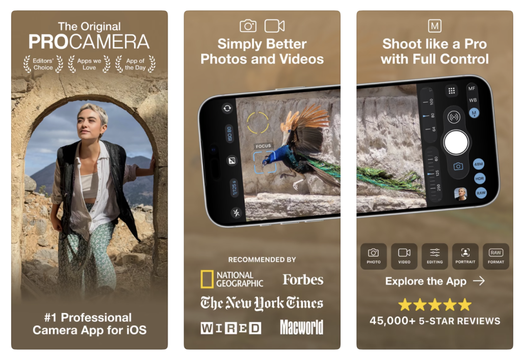 ProCamera iPhone app screenshots showing manual exposure and focus controls, RAW capture options and photo and video modes.