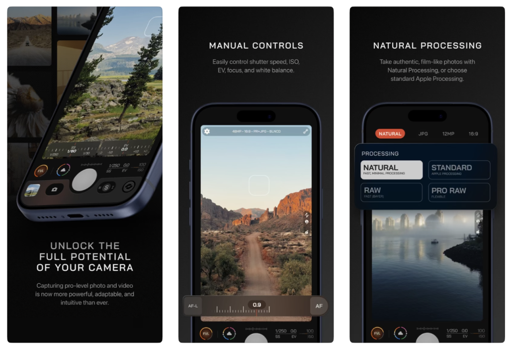Moment Pro Camera II screenshots showing manual shutter speed, ISO, focus and natural image processing settings on iPhone.
