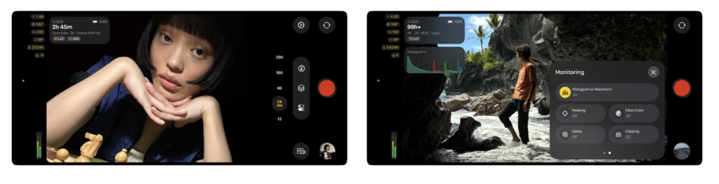 Final Cut Camera screenshots showing iPhone video recording controls, a histogram and professional monitoring tools including focus peaking and false colour.