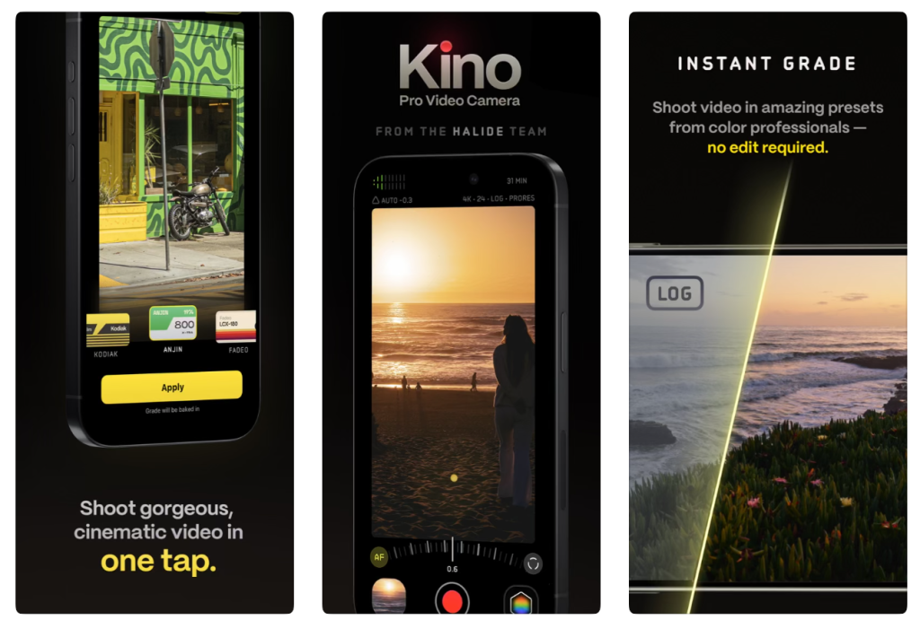 Kino video camera app promotional screenshots showing cinematic colour presets, a video recording interface and instant grading.
