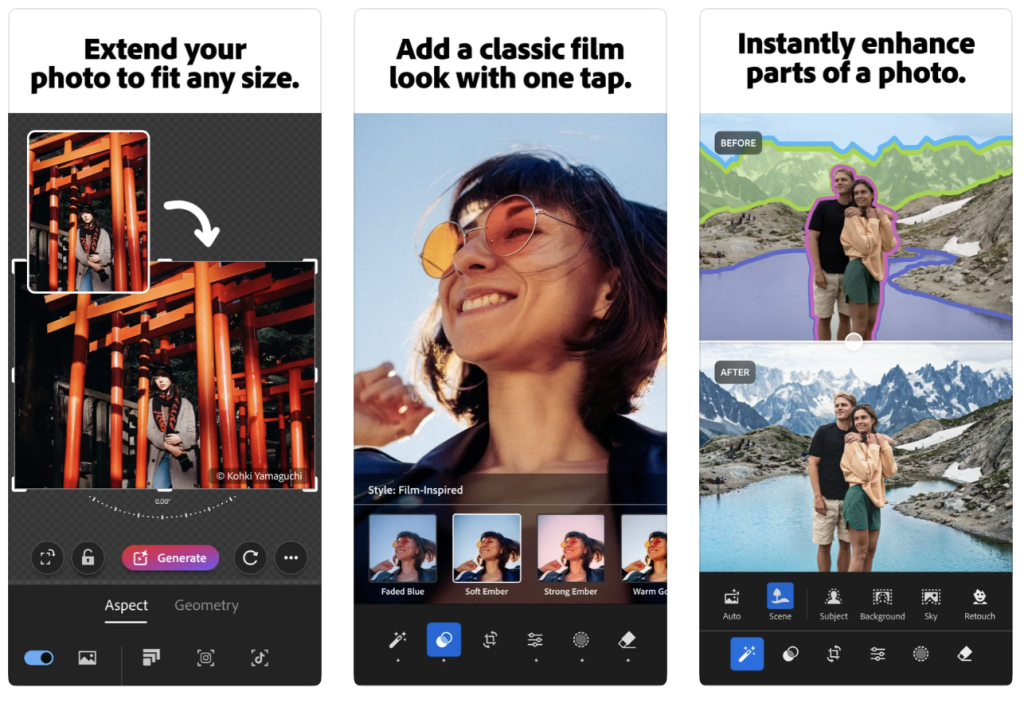 Adobe Lightroom mobile app screenshots showing Generative Expand, film-inspired colour presets and AI-powered selective photo editing.