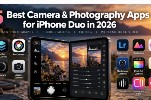 Editorial illustration of an unfolded iPhone Duo surrounded by 15 photography and video apps, including Halide, Reeflex, ProCamera, Lightroom and Blackmagic Camera.
