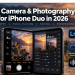 Editorial illustration of an unfolded iPhone Duo surrounded by 15 photography and video apps, including Halide, Reeflex, ProCamera, Lightroom and Blackmagic Camera.