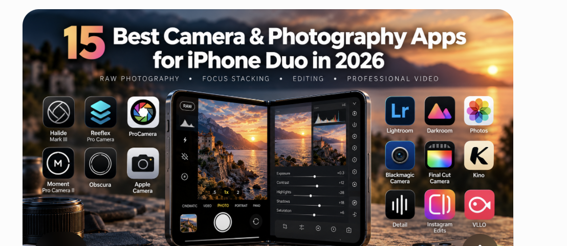 Editorial illustration of an unfolded iPhone Duo surrounded by 15 photography and video apps, including Halide, Reeflex, ProCamera, Lightroom and Blackmagic Camera.