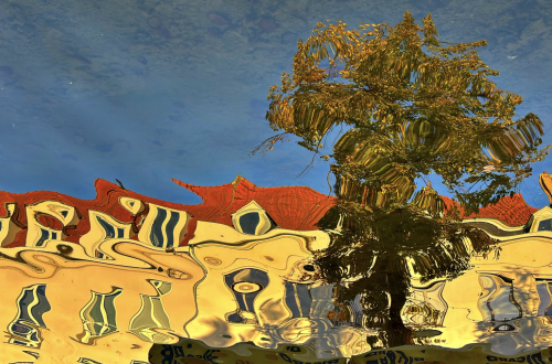 Colourful water reflection of yellow buildings with red-tiled roofs and a leafy tree, distorted by ripples into flowing, abstract shapes beneath an expanse of blue.