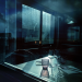 Moody blue-toned photograph of an empty restaurant table with two wine glasses, drinking glasses, cutlery and folded napkins. Rain-streaked windows and reflections create a cinematic atmosphere.